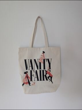 Vanity Fair Canvas Graphic Tote Bag - Cream with Black & Coral Illustration